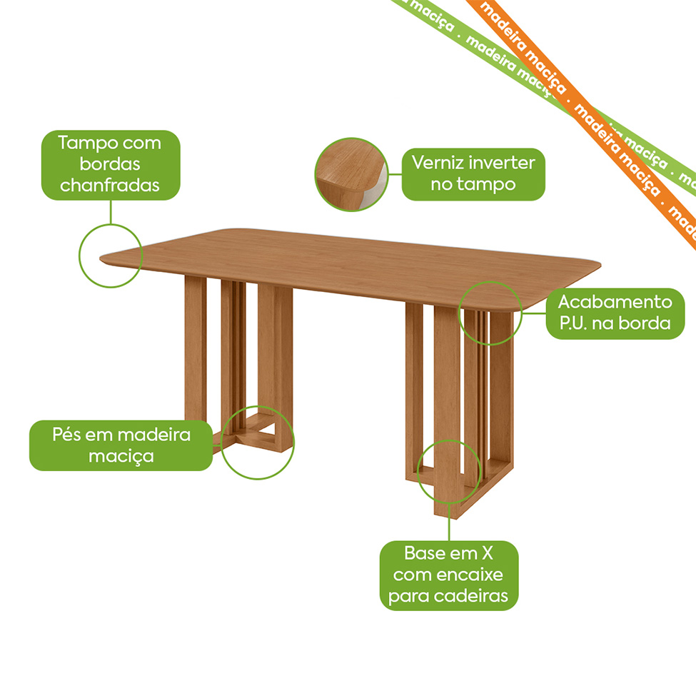 Mesa de Jantar Retangular com Tampo MDF Tessera Amêndoa Clean 170 cm