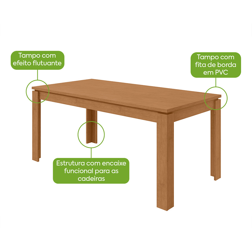 Mesa de Jantar Retangular com Tampo MDP Athenas Amêndoa Clean 180 cm