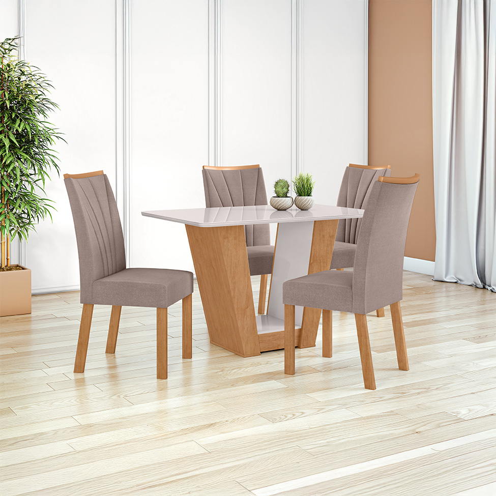 Mesa de Jantar Retangular com Tampo de Vidro Apogeu Amêndoa Clean e Off White 120 cm