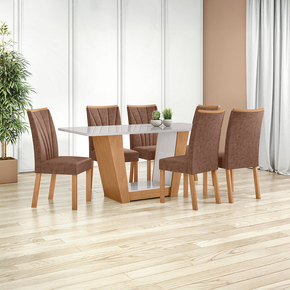 Mesa de Jantar Retangular com Tampo de Vidro Apogeu Amêndoa Clean e Off White 160 cm