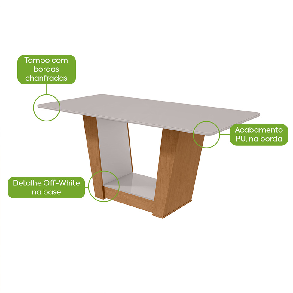 Mesa de Jantar Retangular com Tampo de Vidro Apogeu Amêndoa Clean e Off White 160 cm