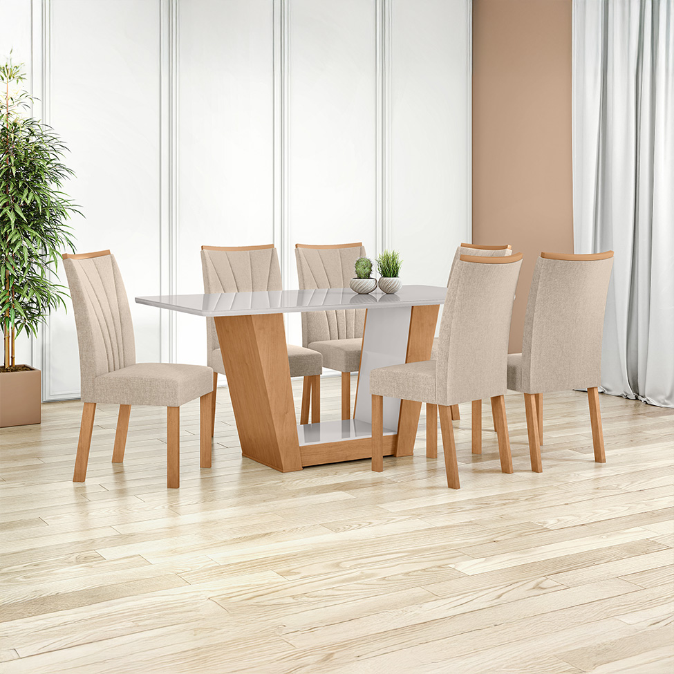 Mesa de Jantar Retangular com Tampo de Vidro Apogeu Amêndoa Clean e Off White 170 cm