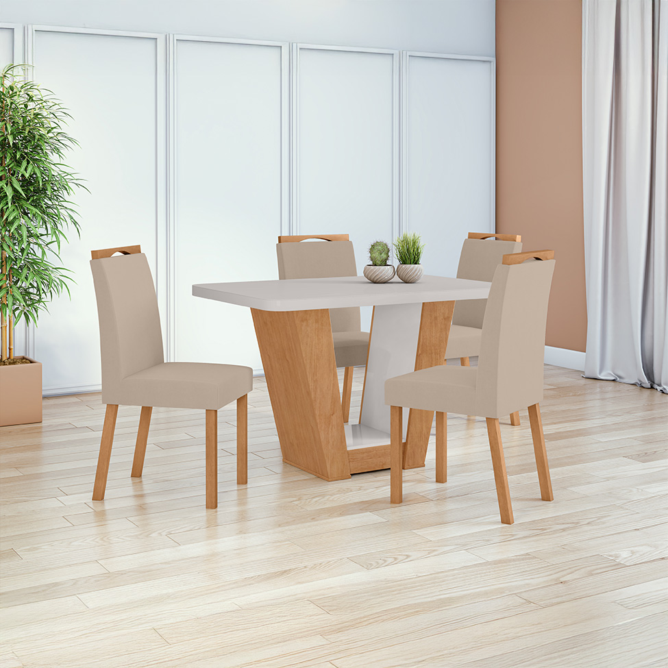Mesa de Jantar Retangular com Tampo de Vidro Apogeu Maxi Amêndoa Clean e Off White 120 cm