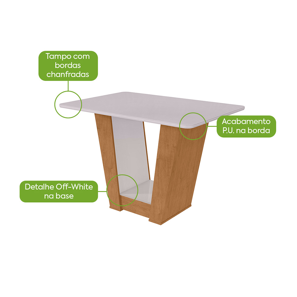 Mesa de Jantar Retangular com Tampo de Vidro Apogeu Maxi Amêndoa Clean e Off White 120 cm