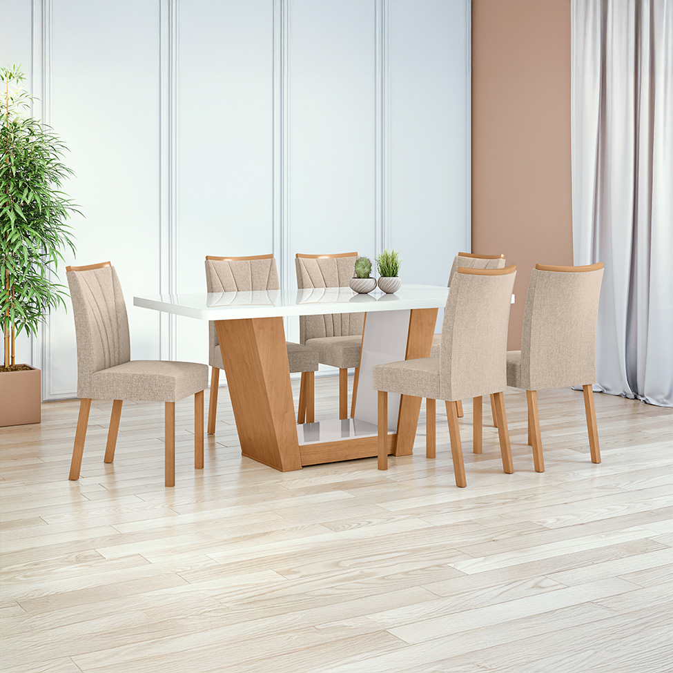 Mesa de Jantar Retangular com Tampo de Vidro Apogeu Maxi Amêndoa Clean e Off White 170 cm