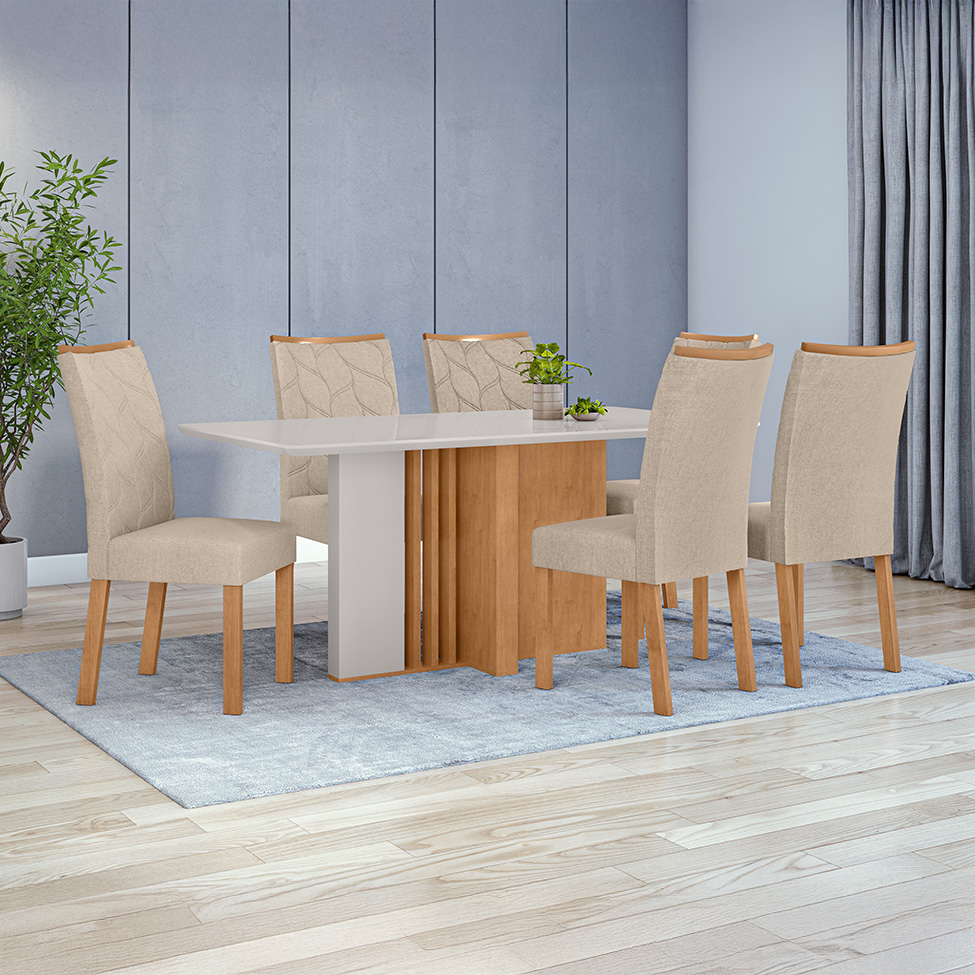 Mesa de Jantar Retangular com Tampo de Vidro Astrid Amêndoa Clean e Off White 160 cm