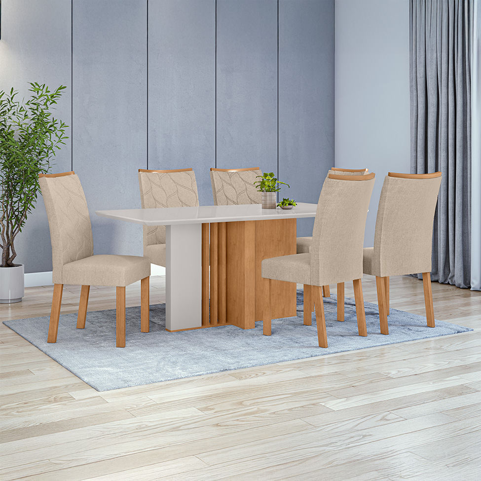 Mesa de Jantar Retangular com Tampo de Vidro Astrid Amêndoa Clean e Off White 170 cm