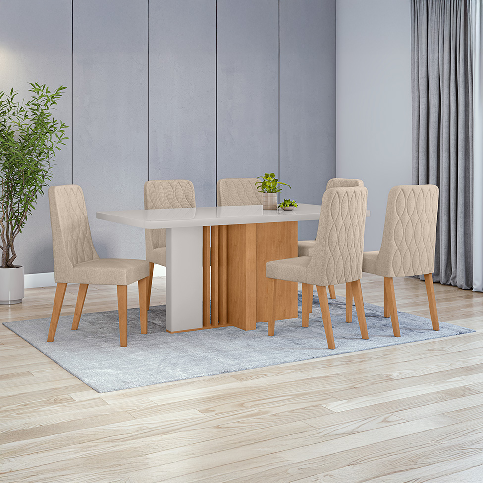 Mesa de Jantar Retangular com Tampo de Vidro Astrid Maxi Amêndoa Clean e Off White 170 cm
