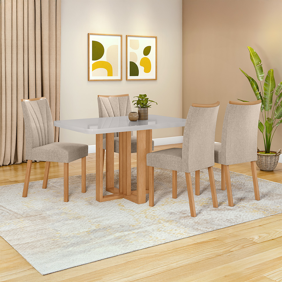 Mesa de Jantar Retangular com Tampo de Vidro Tessera Amêndoa Clean e Off White 120 cm
