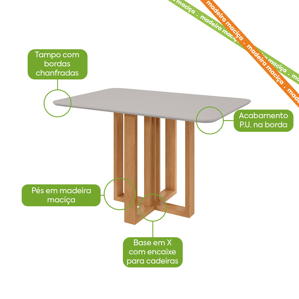 Mesa de Jantar Retangular com Tampo de Vidro Tessera Amêndoa Clean e Off White 120 cm