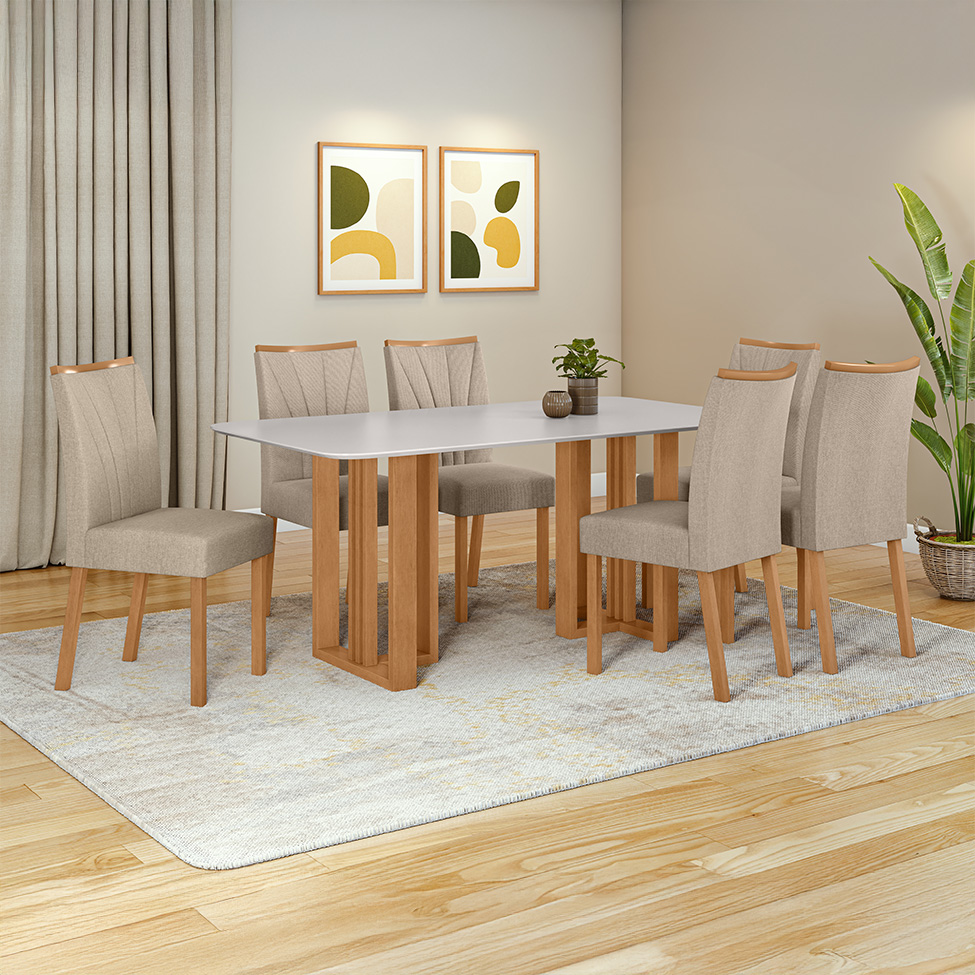 Mesa de Jantar Retangular com Tampo de Vidro Tessera Amêndoa Clean e Off White 170 cm