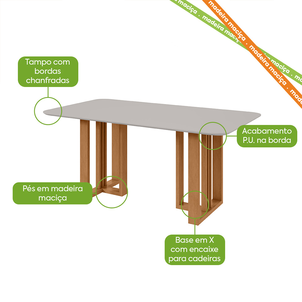 Mesa de Jantar Retangular com Tampo de Vidro Tessera Amêndoa Clean e Off White 170 cm