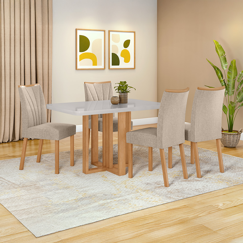 Mesa de Jantar Retangular com Tampo de Vidro Tessera Maxi Amêndoa Clean e Off White 120 cm