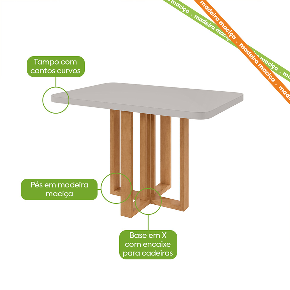 Mesa de Jantar Retangular com Tampo de Vidro Tessera Maxi Amêndoa Clean e Off White 120 cm