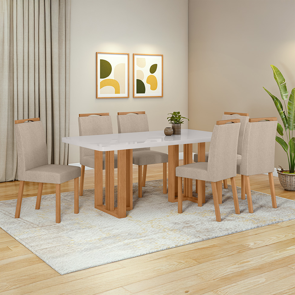 Mesa de Jantar Retangular com Tampo de Vidro Tessera Maxi Amêndoa Clean e Off White 170 cm