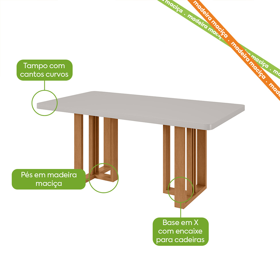 Mesa de Jantar Retangular com Tampo de Vidro Tessera Maxi Amêndoa Clean e Off White 170 cm