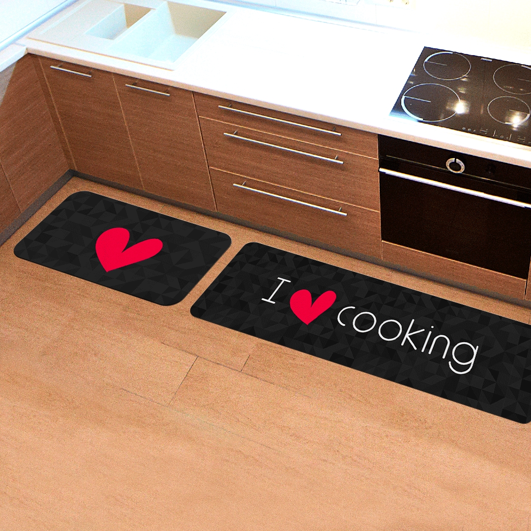 Kit Tapete de Cozinha 2 peças I Love Cooking Preto