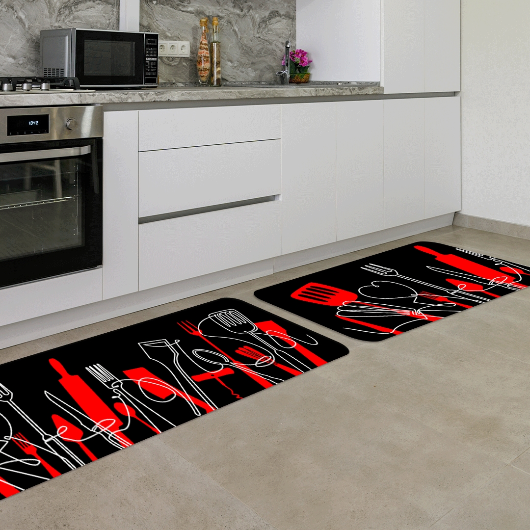 Kit Tapete de Cozinha 2 peças Talheres Vermelho Único