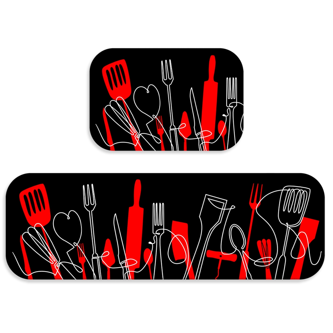 Kit Tapete de Cozinha 2 peças Talheres Vermelho Único
