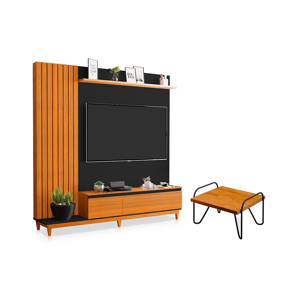 Mesa de Centro e Painel Genebra Naturale Preto Freijó