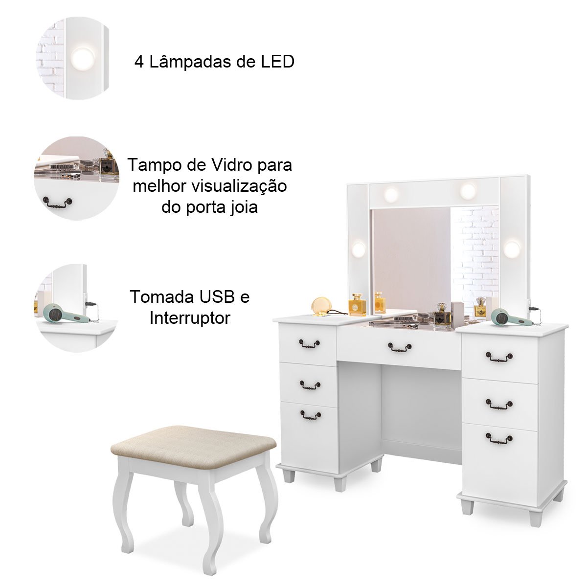 Penteadeira com Interruptor USB 7 Gavetas e Banqueta Boreal Branco