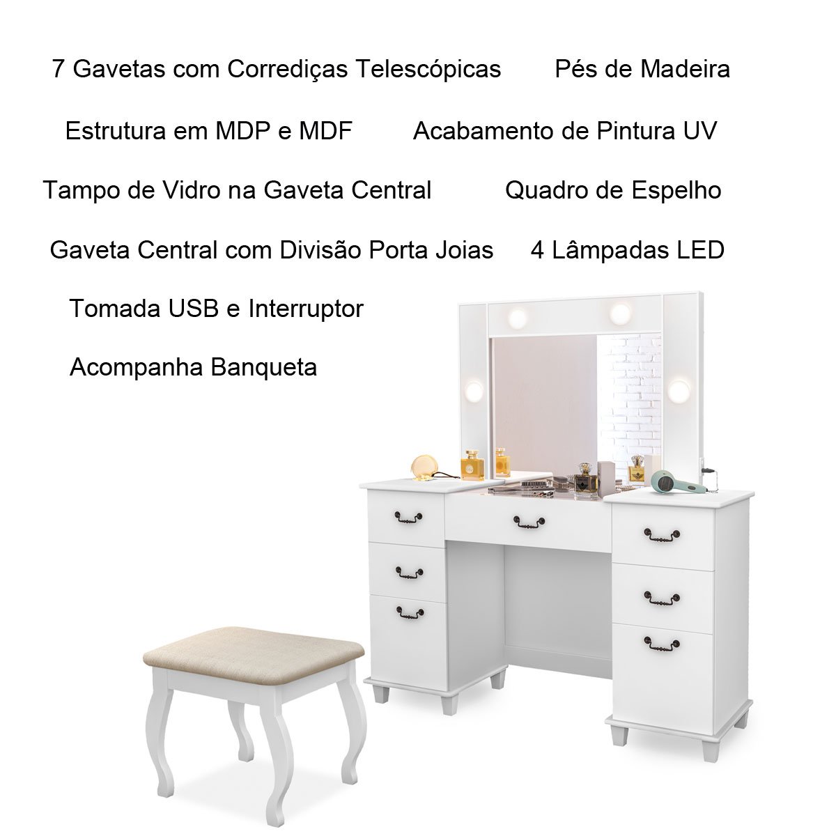 Penteadeira com Interruptor USB 7 Gavetas e Banqueta Boreal Branco
