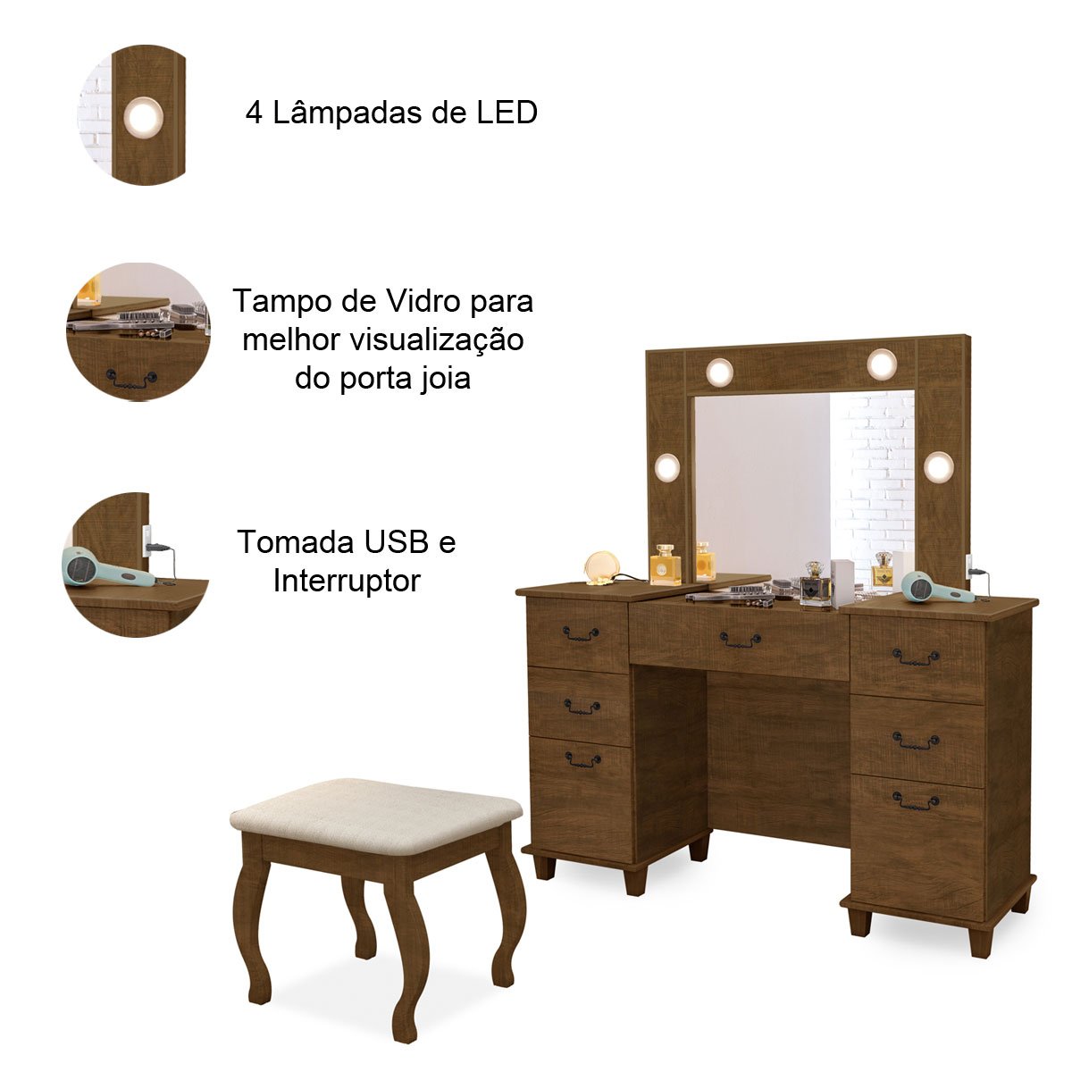 Penteadeira com Interruptor USB 7 Gavetas e Banqueta Boreal Malbec