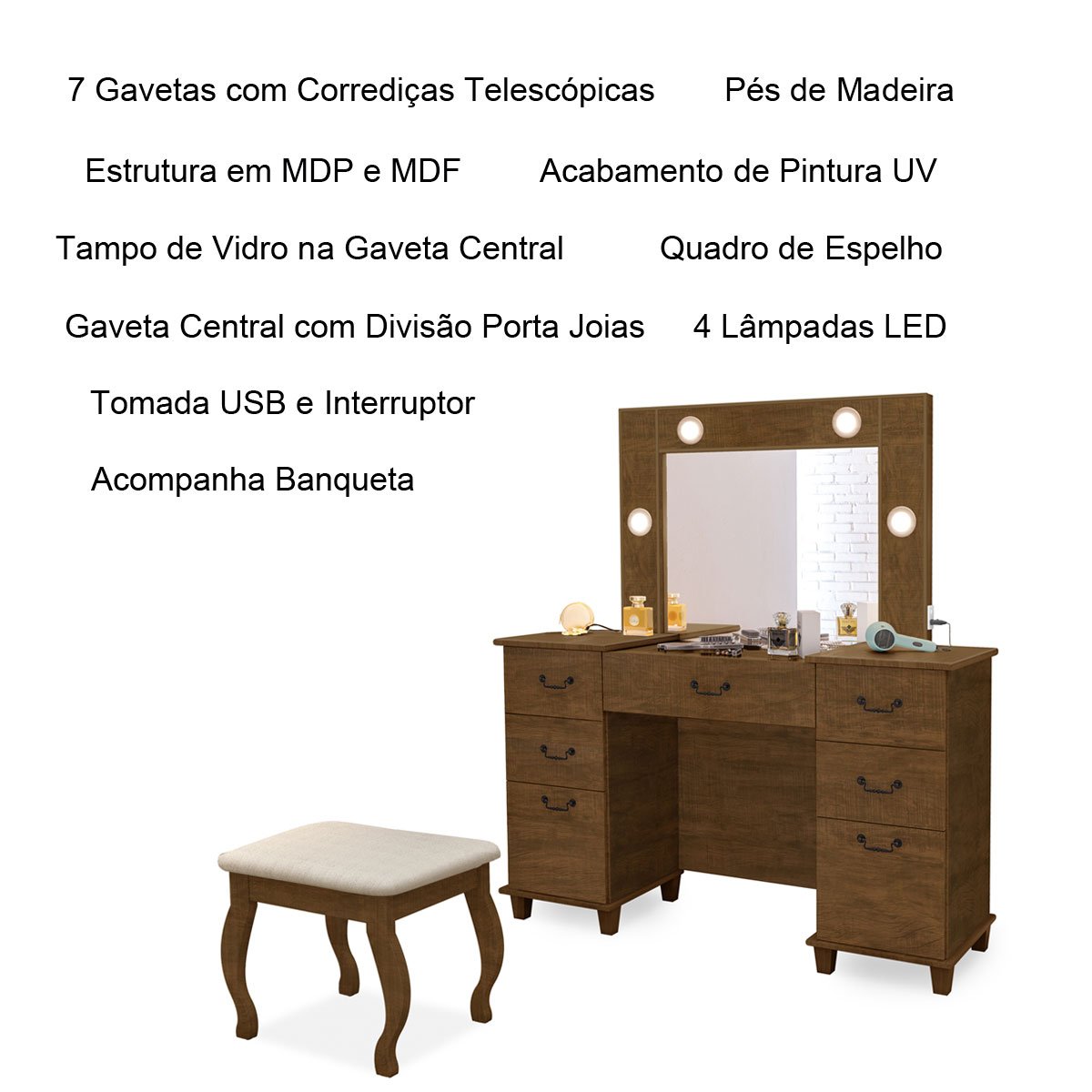 Penteadeira com Interruptor USB 7 Gavetas e Banqueta Boreal Malbec