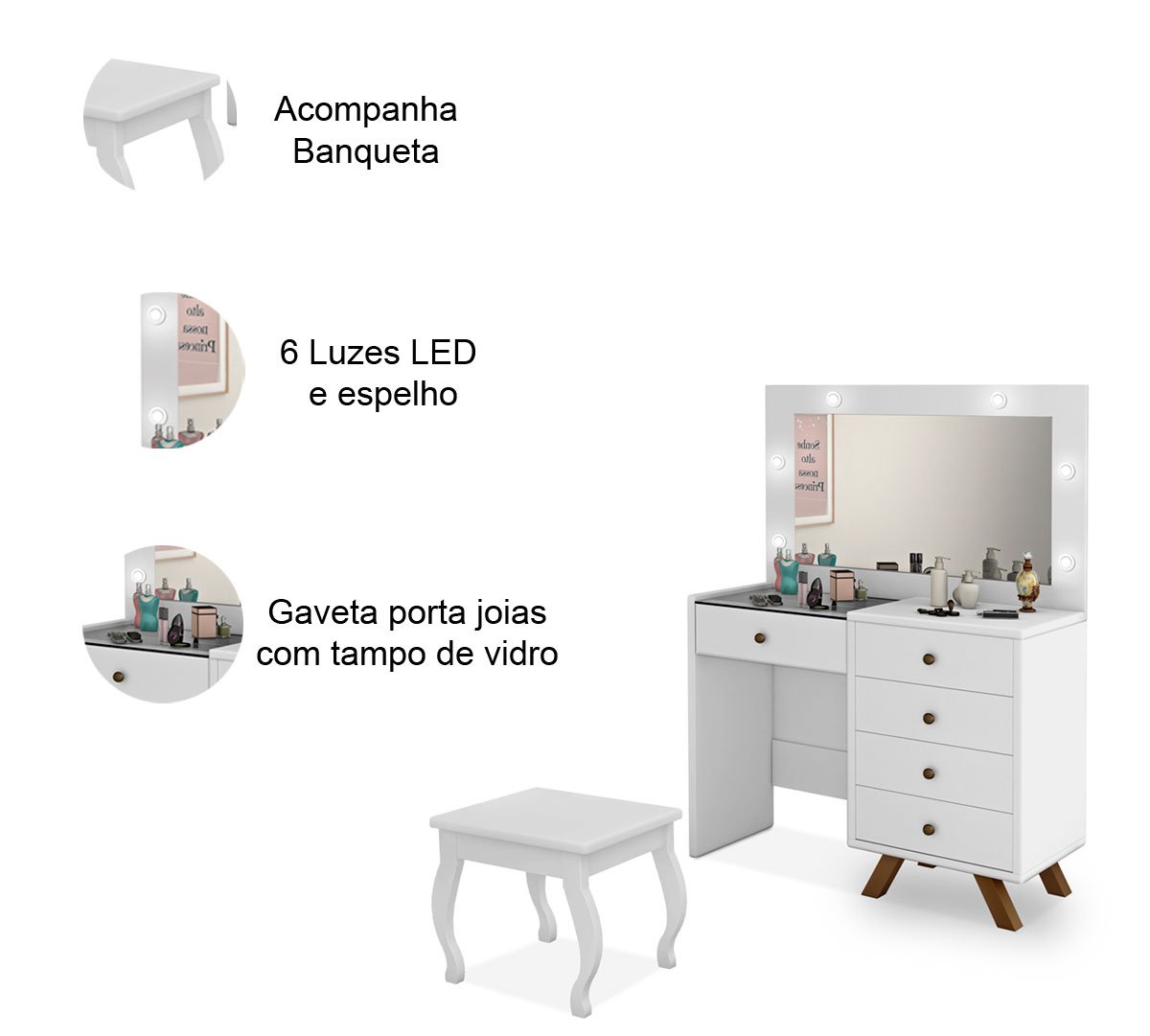 Penteadeira com Porta Joias 5 Gavetas e Banqueta Lótus Branco