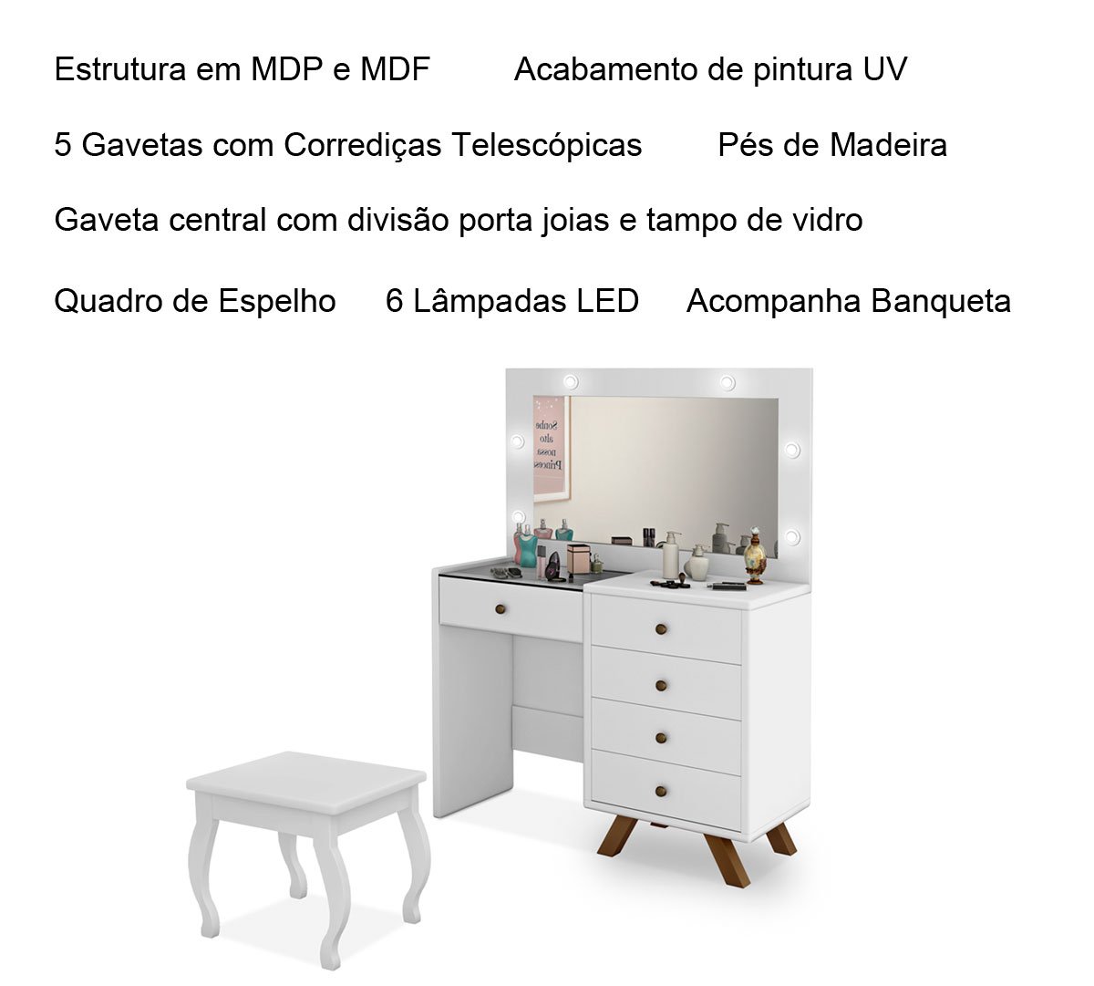 Penteadeira com Porta Joias 5 Gavetas e Banqueta Lótus Branco