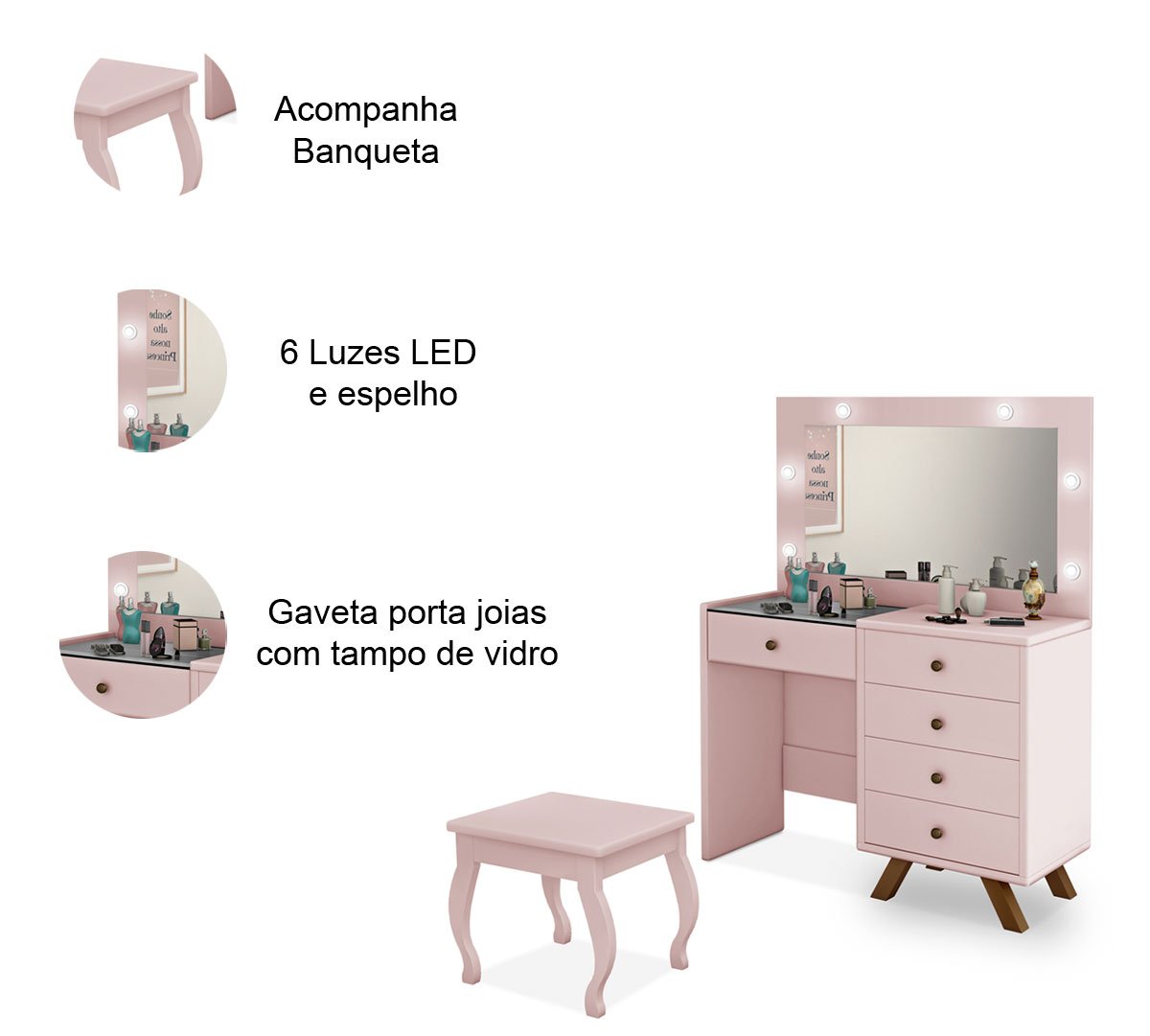 Penteadeira com Porta Joias 5 Gavetas e Banqueta Lótus Rosê