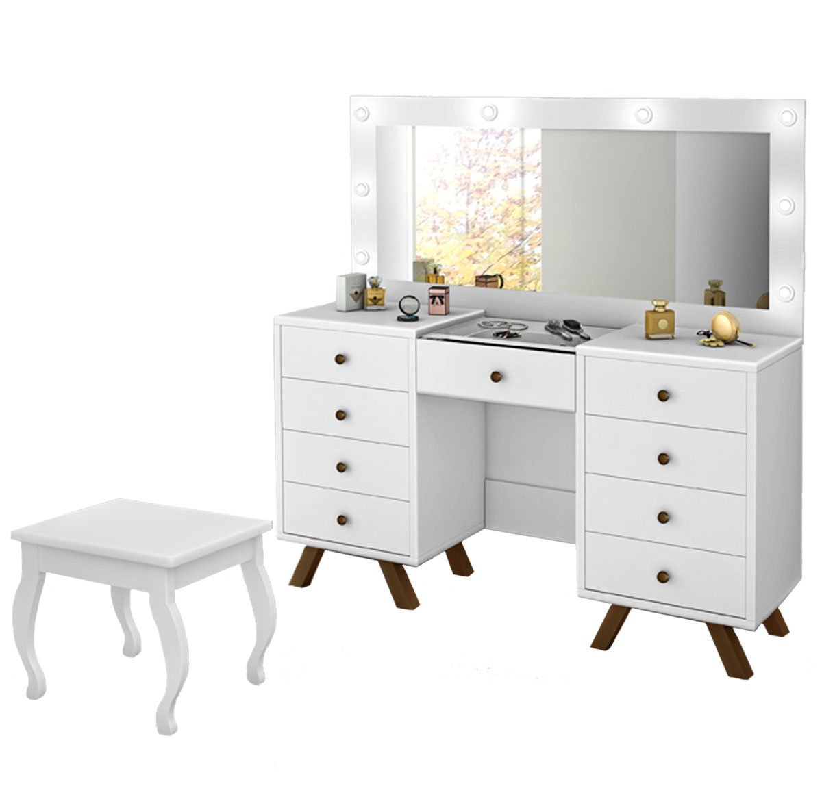 Penteadeira com Porta Joias 9 Gavetas e Banqueta Cristal Branco