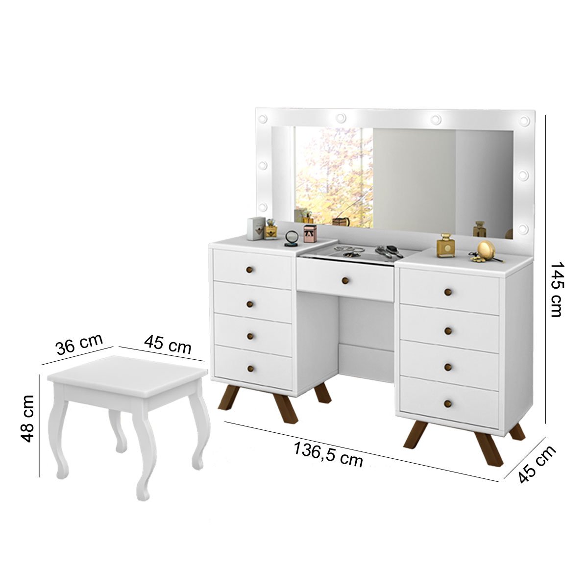 Penteadeira com Porta Joias 9 Gavetas e Banqueta Cristal Branco