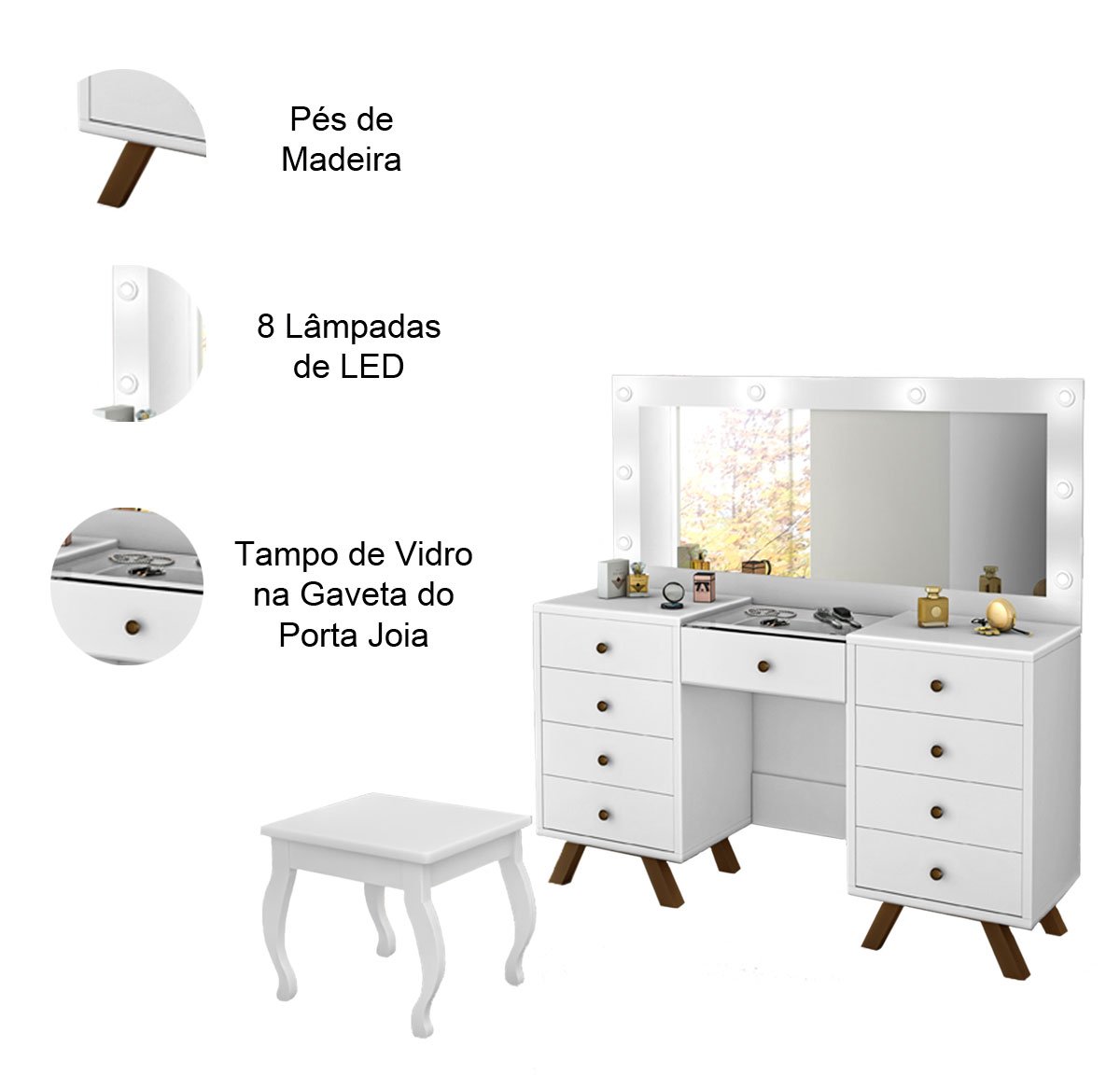 Penteadeira com Porta Joias 9 Gavetas e Banqueta Cristal Branco
