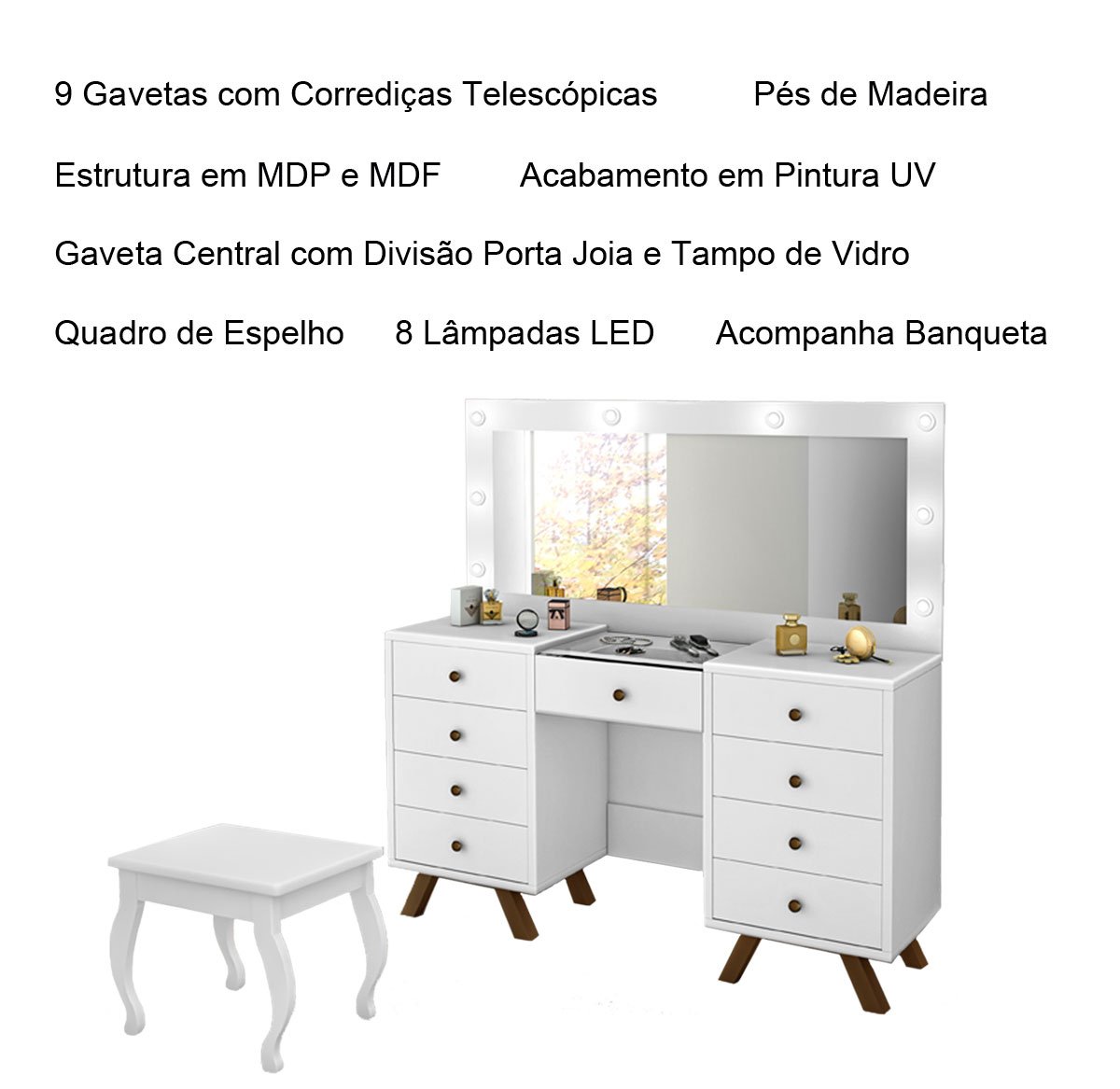 Penteadeira com Porta Joias 9 Gavetas e Banqueta Cristal Branco