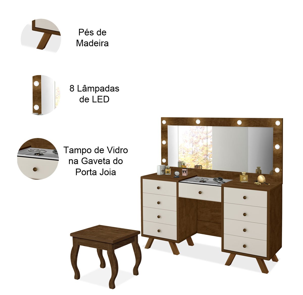 Penteadeira com Porta Joias 9 Gavetas e Banqueta Cristal Malbec/Off White