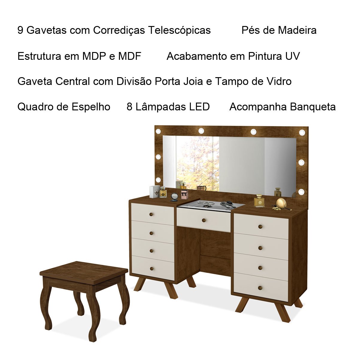 Penteadeira com Porta Joias 9 Gavetas e Banqueta Cristal Malbec/Off White