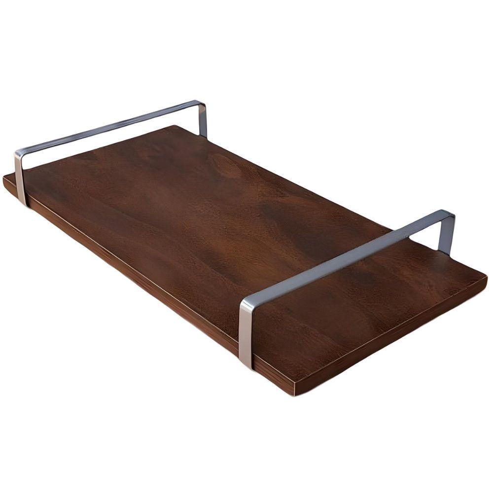 Bandeja Decorativa Castanho com Borda Infinita Alça Prata