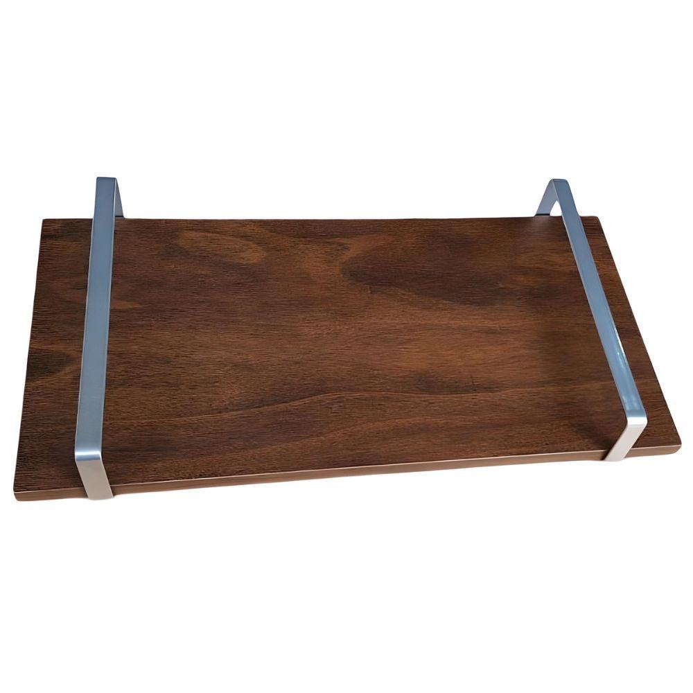 Bandeja Decorativa Castanho com Borda Infinita Alça Prata