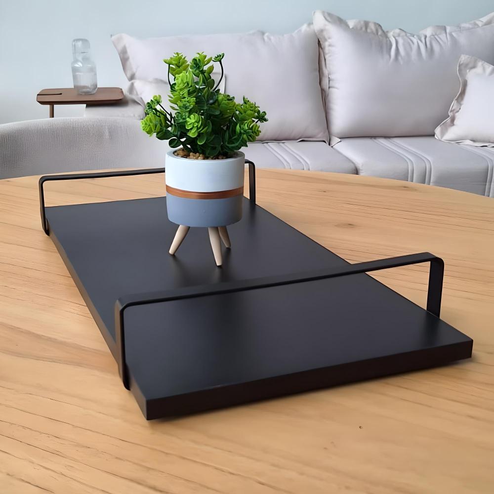 Bandeja Decorativa Preta com Borda Infinita Alça Preta