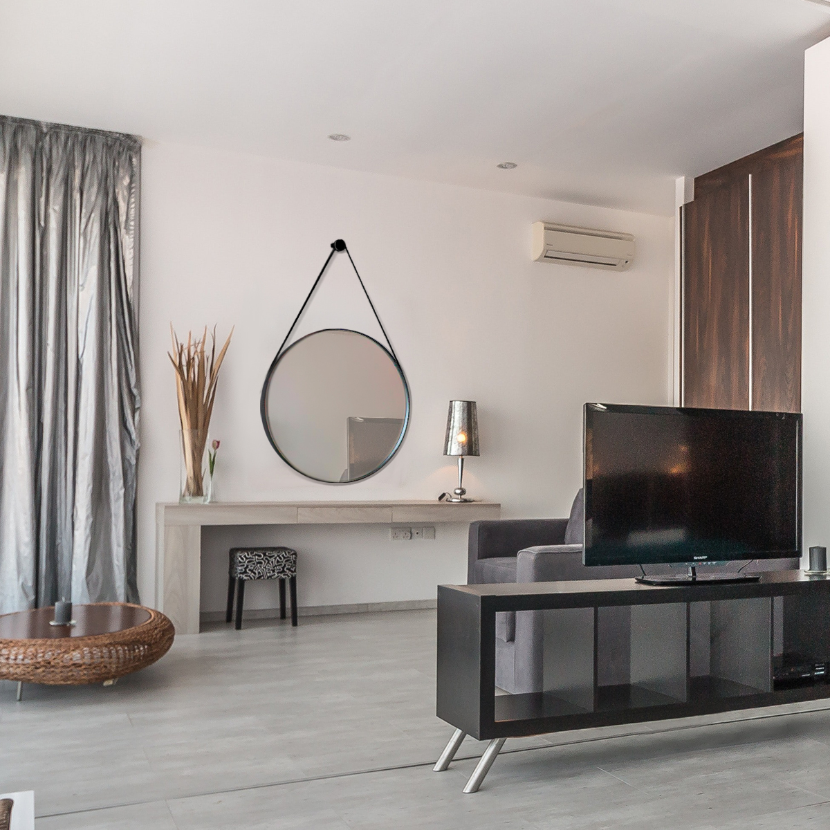 Espelho Adnet Redondo Decorativo Com Alça 60cm Completo Preto