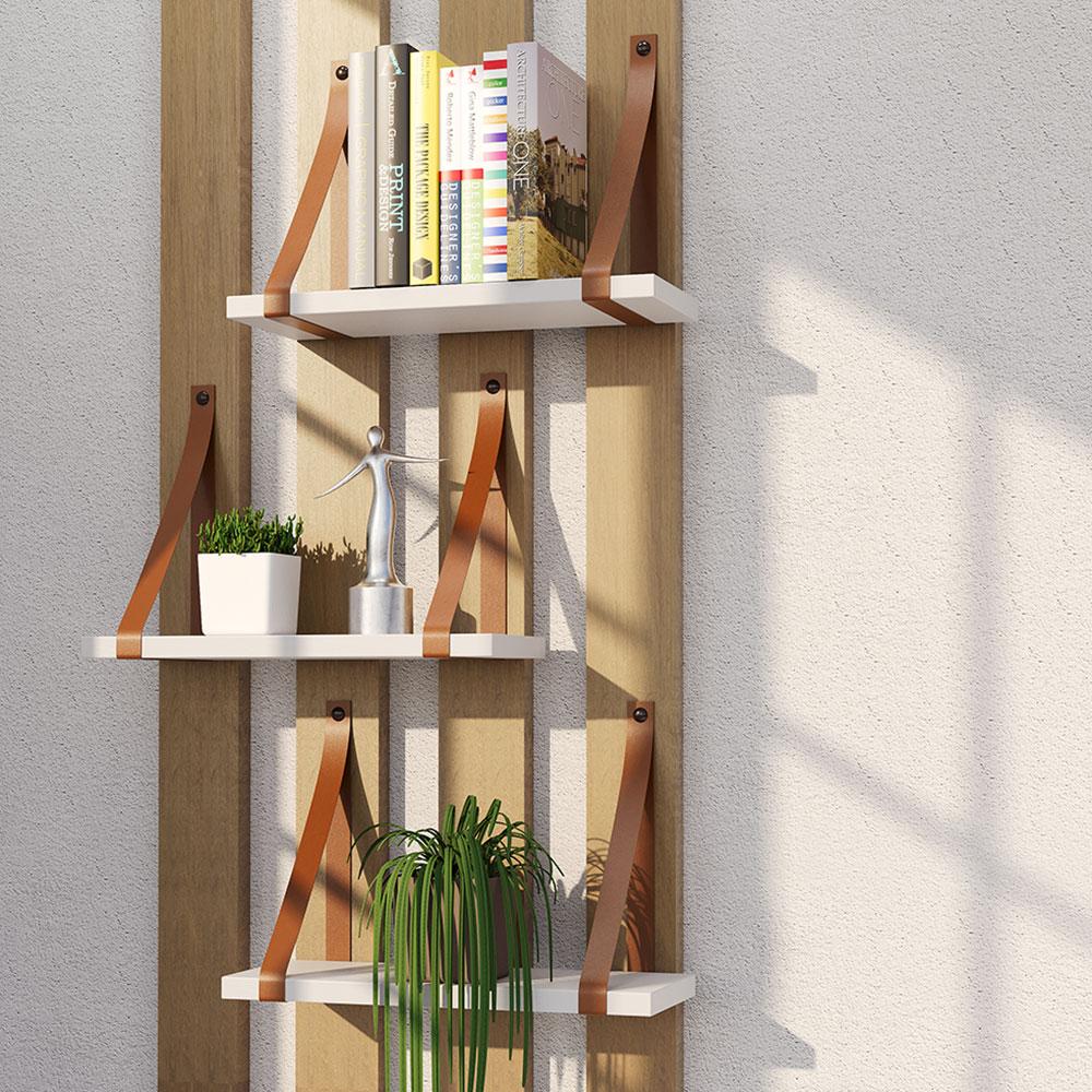 Prateleira em MDF Branco 30x15cm com Alça Caramelo
