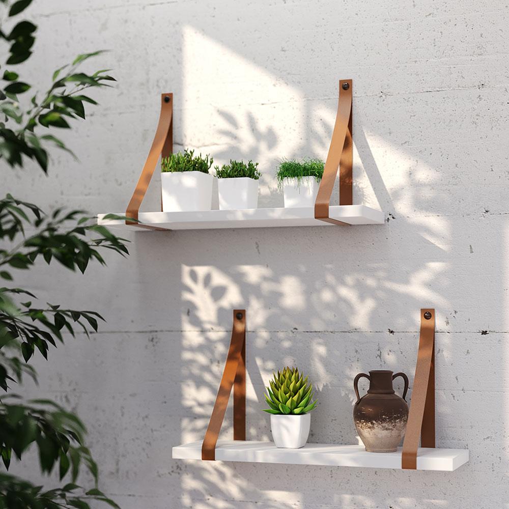 Prateleira em MDF Branco 50x15cm com Alça Caramelo