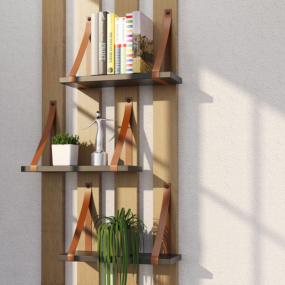Prateleira em MDF Preto 30x15cm com Alça Caramelo