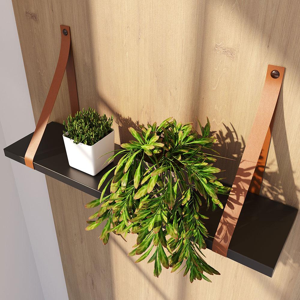 Prateleira em MDF Preto 60x15cm com Alça Caramelo