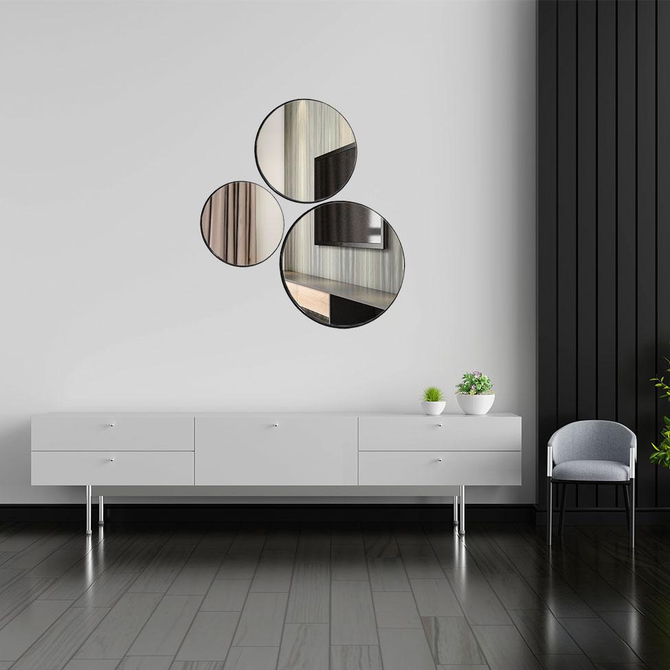 Trio Espelho Redondo Decorativo com Moldura Preto