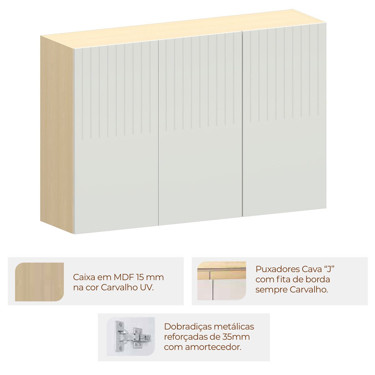 Armário Aéreo para Cozinha 120 cm 3 Portas Aurora Cinza Cristal Pet
