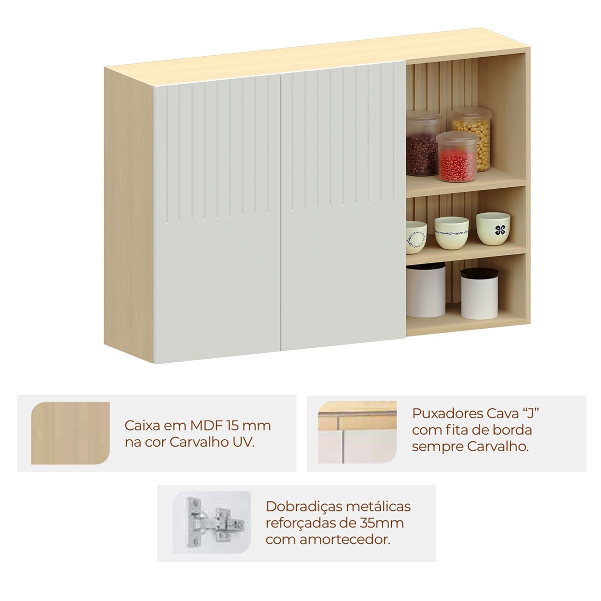 Armário Aéreo para Cozinha 120 cm com Nicho Aurora Cinza Cristal Pet