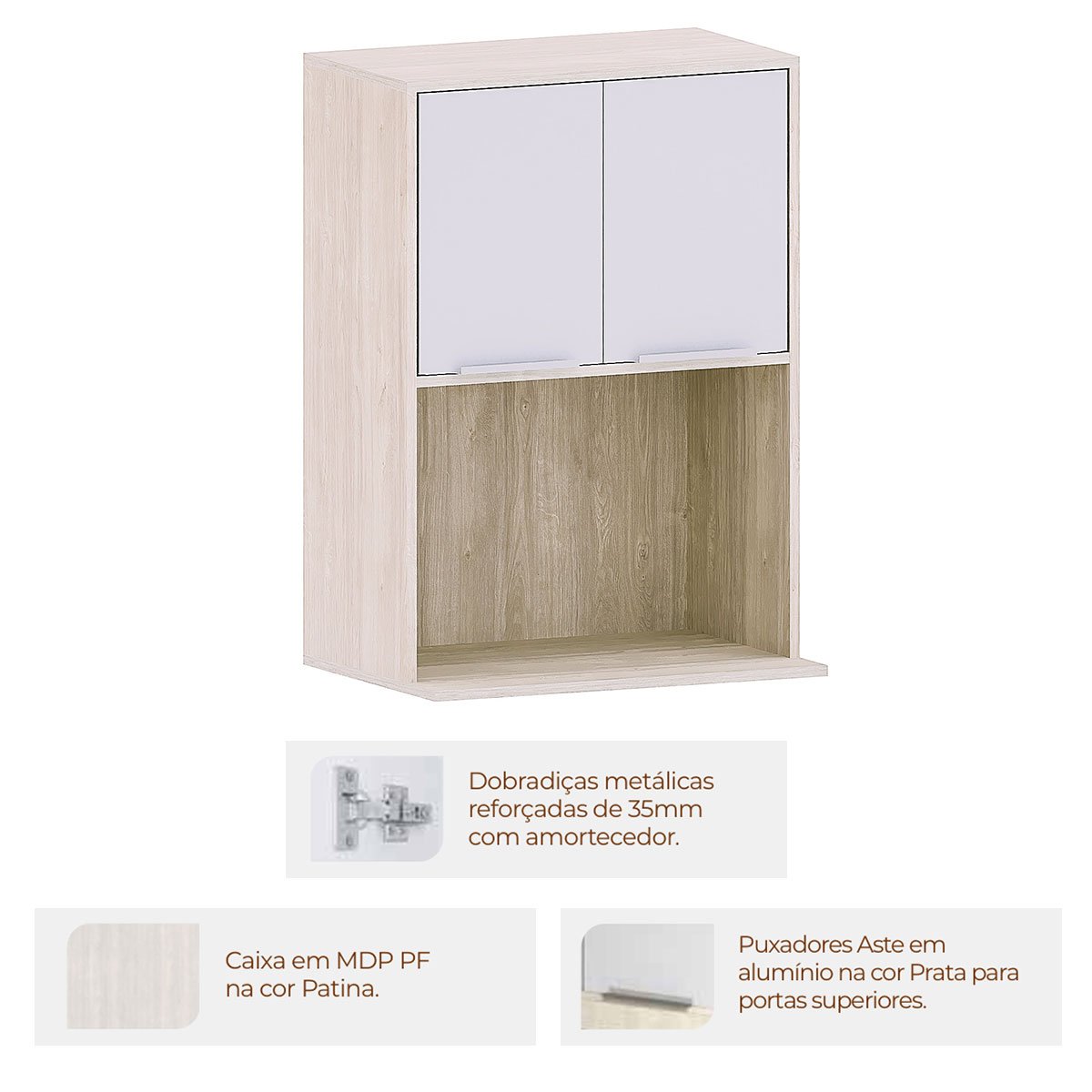 Armário Aéreo para Cozinha 2 Portas com Nicho 60 cm Atenas Cinza Cristal