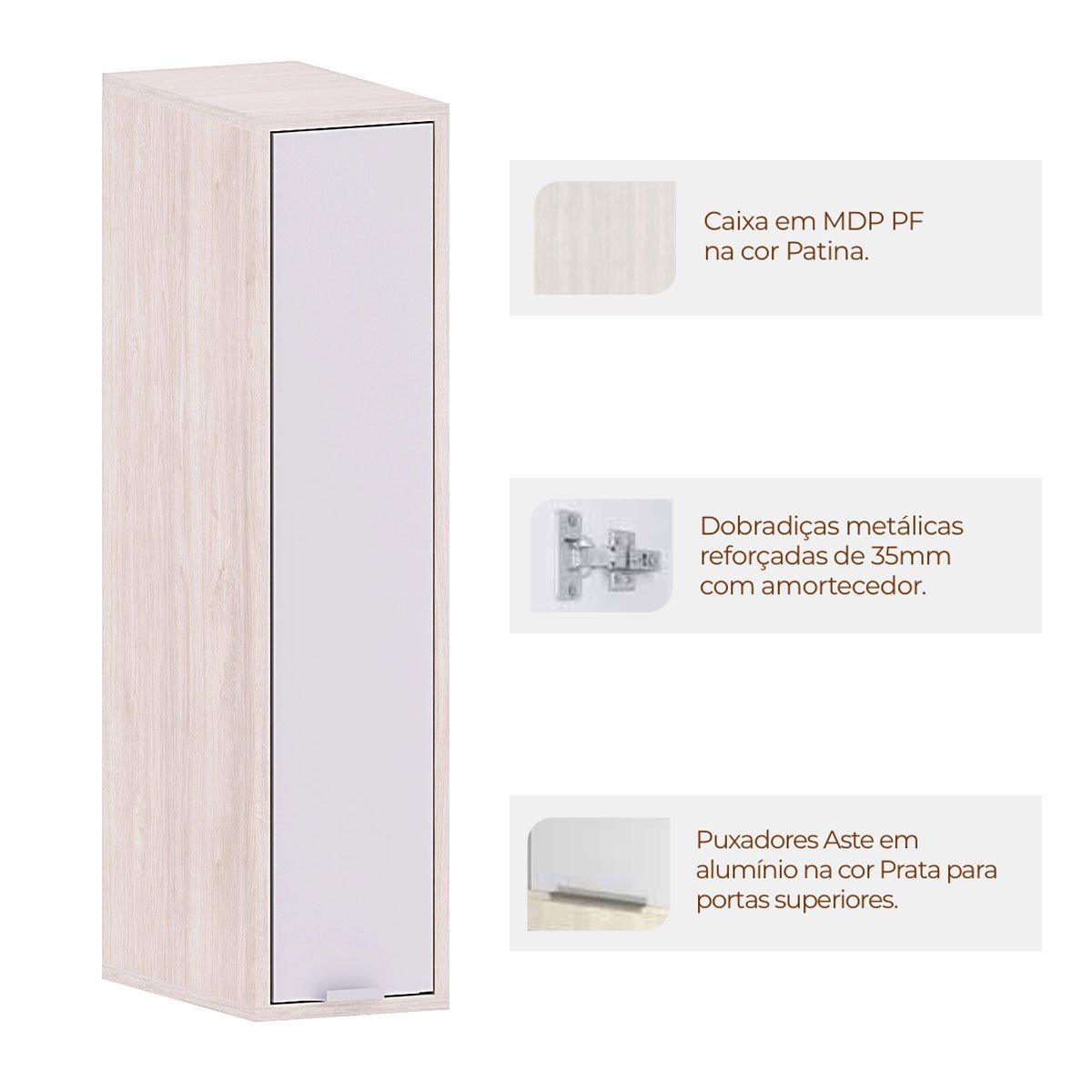 Armário Aéreo para Cozinha 20 cm 1 Porta Atenas Cinza Cristal